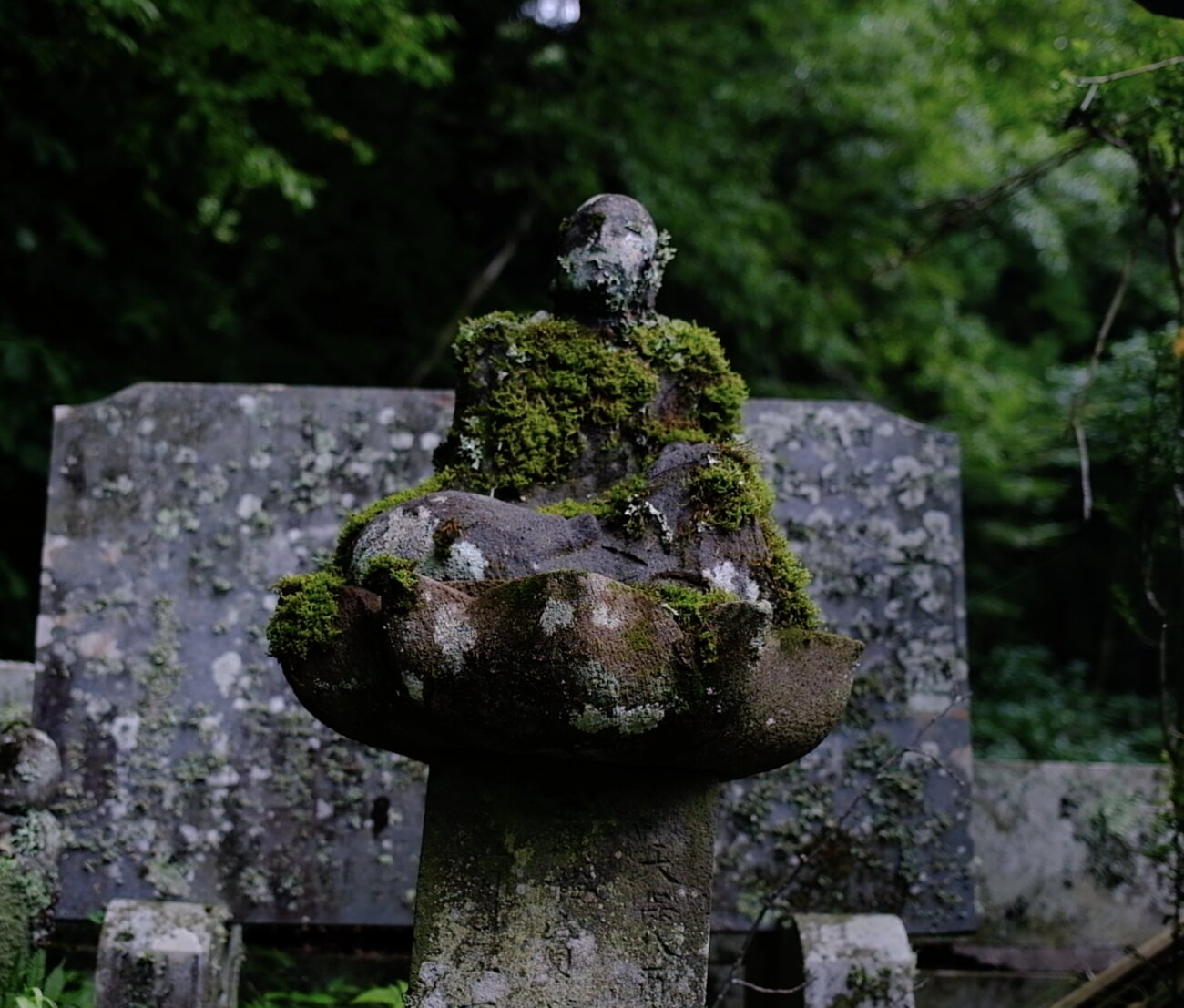 A moss-covered stone Jizō statue in a forest, seated as if in meditation